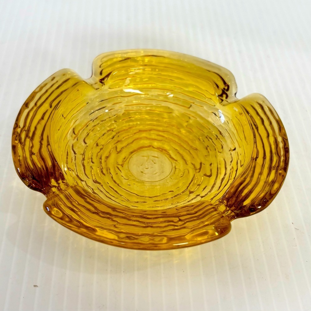 Vintage Anchor Hocking Glass Ashtray Soreno Amber Gold Mid Century 4”